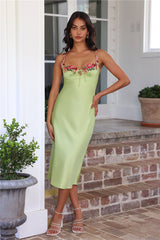 Blooming Relationship Satin Midi Dress Green