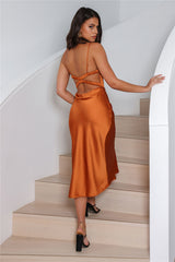 Wishful Thinking Satin Midi Dress Bronze