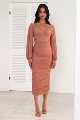 Move To The Music Long Sleeve Mesh Midi Dress Chocolate