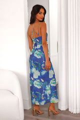 Celebrate Success One Shoulder Mesh Midi Dress Blue