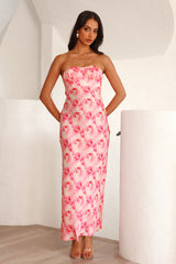 Gemstones Strapless Satin Maxi Dress Pink