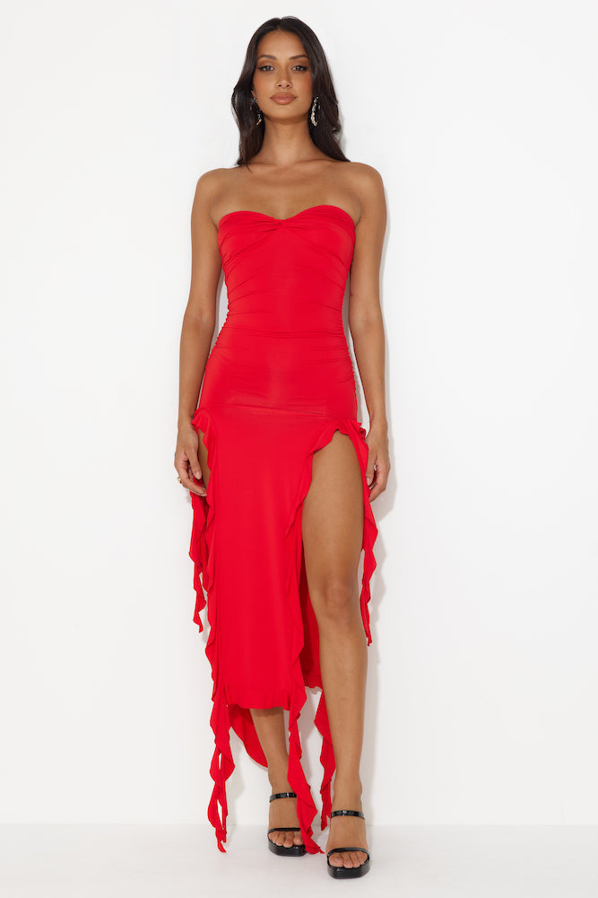 HELLO MOLLY All The Frills Strapless Midi Dress Red