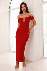 Seductive Shadows Off Shoulder Mesh Maxi Dress Burgundy