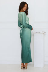 Horizon Hues Satin Long Sleeve Midi Dress Green Ombre