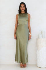 Unveiled Sophistication Satin Maxi Dress Olive