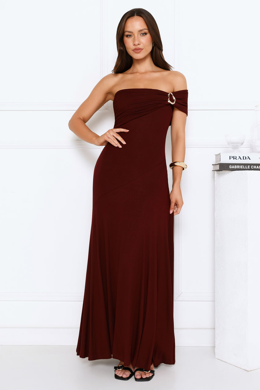 Dewdrop Daze One Shoulder Maxi Dress Burgundy
