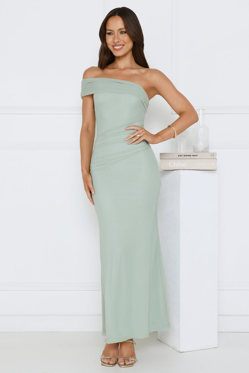 Wild Whimsy One Shoulder Mesh Maxi Dress Sage