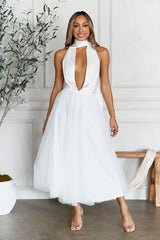 Highest Level Satin Tulle Midi Dress White