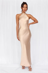 The Cleo Halter Satin Maxi Dress Champagne