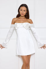Delicacy Bow Satin Off Shoulder Mini Dress White