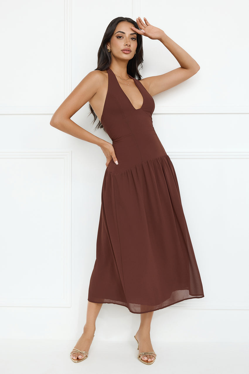 Sassy Style Halter Midi Dress Brown