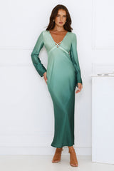 Horizon Hues Satin Long Sleeve Midi Dress Green Ombre