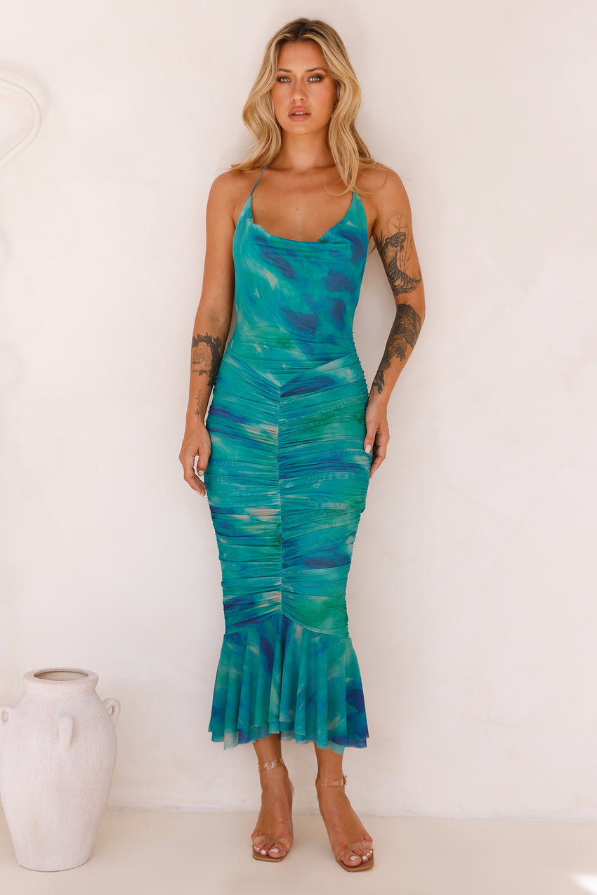 Magic Energy Mesh Halter Midi Dress Green